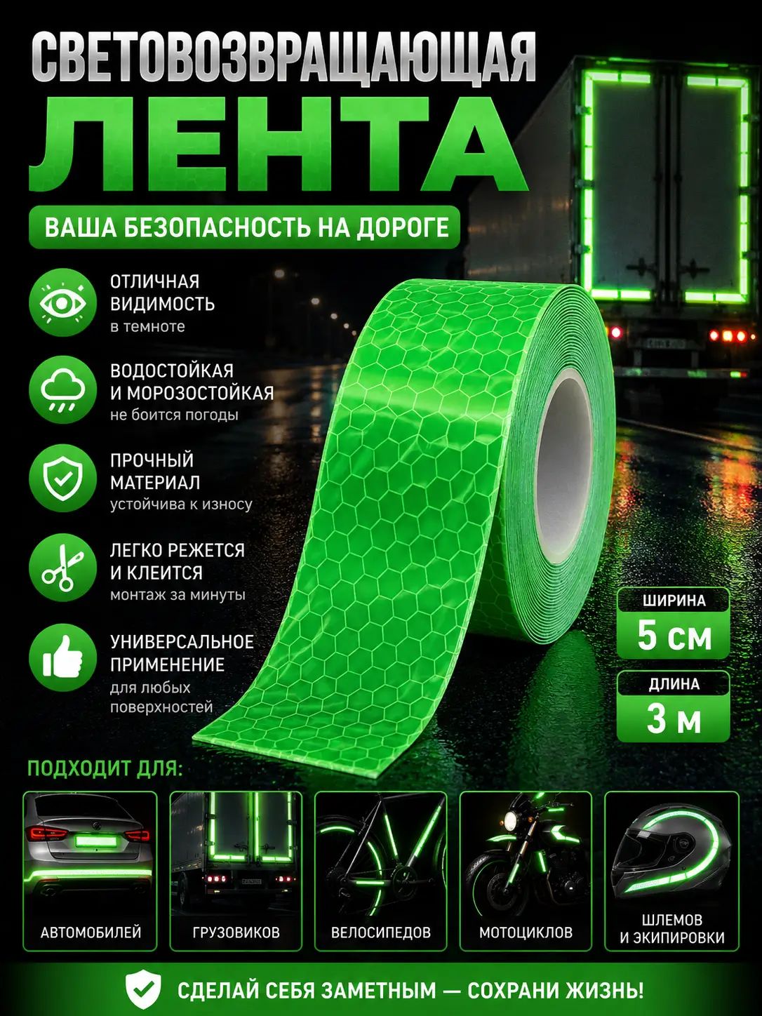 Светоотражающая предупреждающая лента, зеленая, 5см*3м