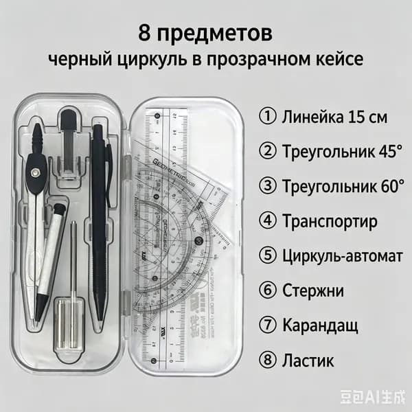 Набор геометрических инструментов из 8ми предметов в прозрачном пластиковом кейсе, чёрный металлический циркуль, линейки и канцелярские принадлежности