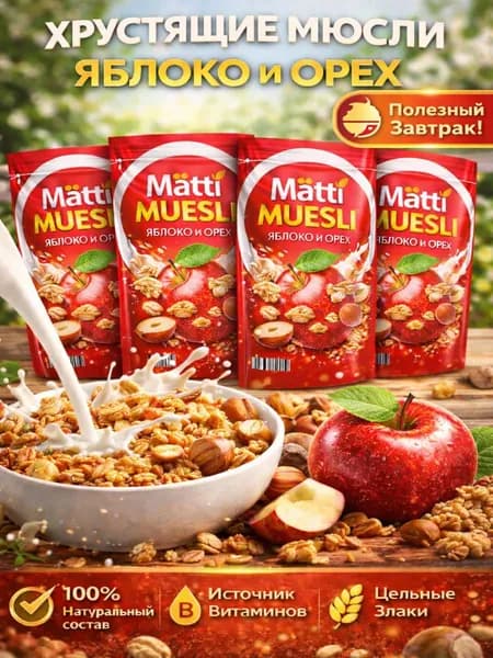 Мюсли запеченные с Яблоком и Орехом Matti 4шт по 250г