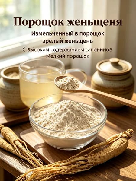 50 г / Порошок цельного женьшеня из Чанбайшань, сверхтонкий помол, высокое содержание сапонинов, легко усваивается организмом