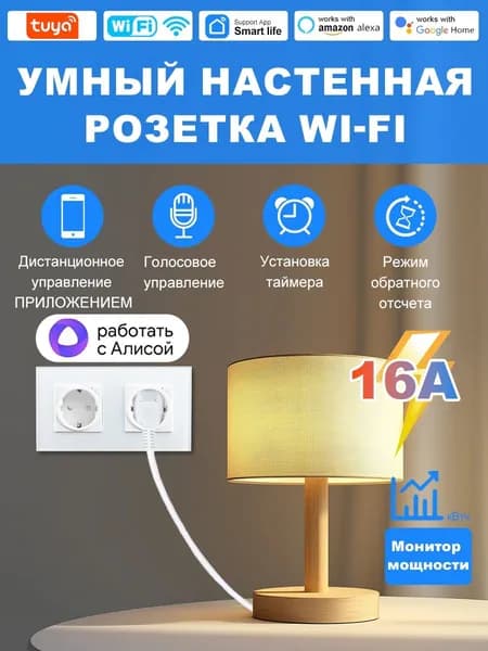 16A.Умная встраиваемая розетка с Алисой, белая.2 постовая.Hезависимое управление.