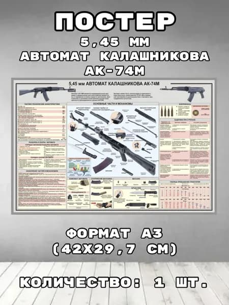 Постер "Автомат Калашникова АК-74М". Формат А3 (42 см х 29.7 см). Плакат интерьерный.