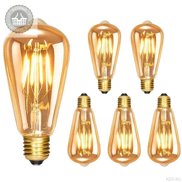 Ретро-лампа Vintage Edison E27, регулируемая яркостью ST64 4Вт, LED-лампа со старыми элементами, 5 штук, тёплый белый 350 люмен, для ностальгической ретро-освещения дома, кафе и бара
