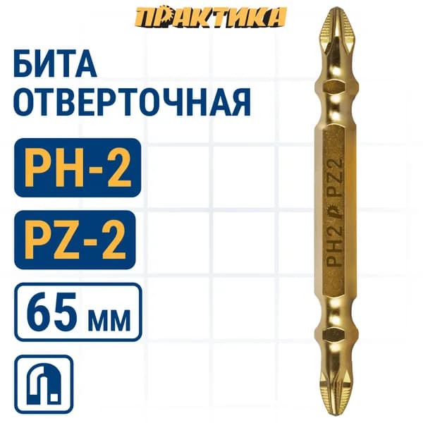 Биты для шуруповертов / бита отверточная ПРАКТИКА "Эксперт" двусторонняя PH-2 / PZ-2 х 65мм Tin (1шт)