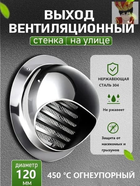 Стенной выход с решеткой и сеткой, 120 мм, из нержавеющей стали 304