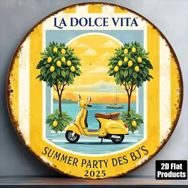 Плоская круглая табличка в винтажном стиле с надписью "LA DOLCE VITA", тематические ключевые слова "декор для летней вечеринки", подходит для бара.