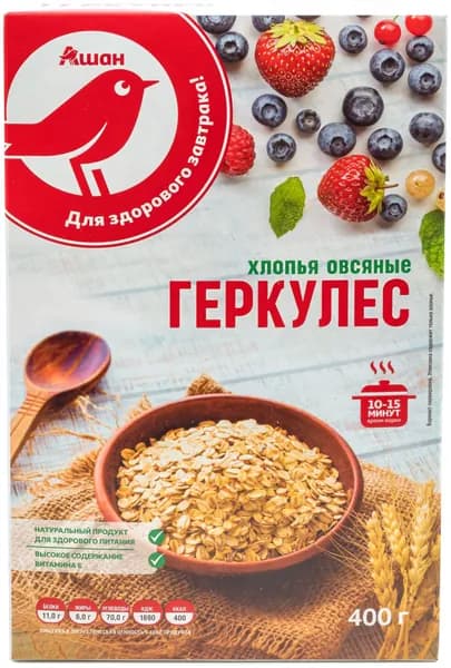 Хлопья овсяные АШАН Красная птица Геркулес, 400 г