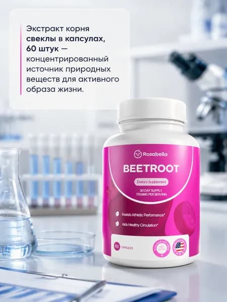 Свекольный комплекс Rosabella 1300 мг для офисных работников и людей с повышенной дневной нагрузкой, поддержка естественного кровообращения, 60 капсул, США