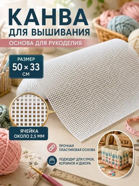 Пластиковая канва, прямоугольник 50х33 см, основа для вышивания, белый цвет