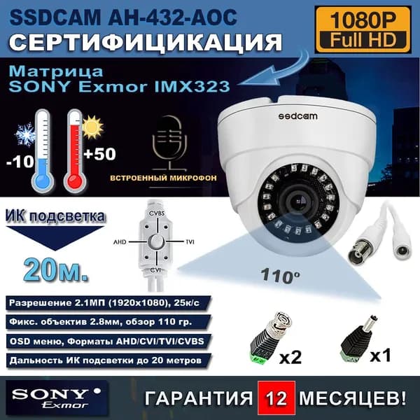 Купольная видеокамера SSDCAM AH-432-AOC с разъемами