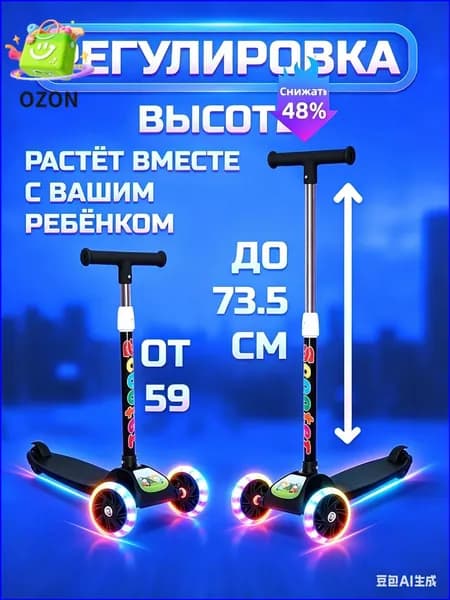 Самокат трехколесный, черный