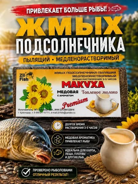 Макуха для рыбалки Zil Fish Медовая "Топленое молоко", жмых подсолнечника пылящий для карпа, сазана и леща