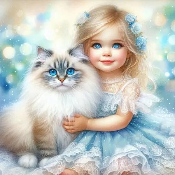 Диамантная картина Котёнок и девочка в стиле мультфильма, 40 40 см, 5D-вышивка с резиновыми стразами