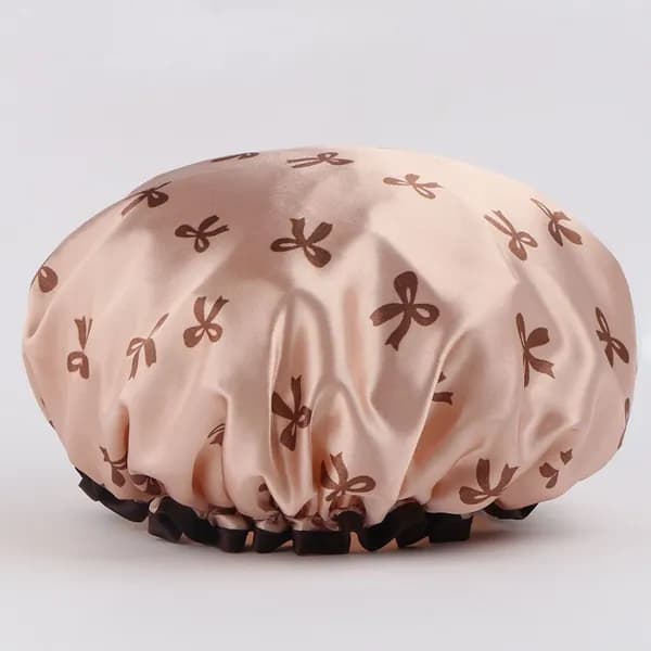 Двухслойная водонепроницаемая шапочка для душа Bow-Shower-Cap-01 с бантом, бежевая