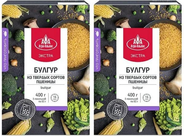 Булгур Агро-альянс пшеничный из твердых сортов пшеницы 80 г 5 пакетов, комплект: 2 упаковки по 400 г