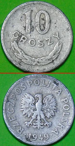 Монета Польша 10 грошей 1949 год