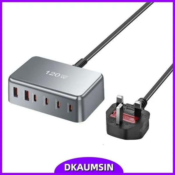Многопортовое USB C Настольное зарядное устройство USB Зарядный хаб с 120W Компактный дизайн, Серый - UK