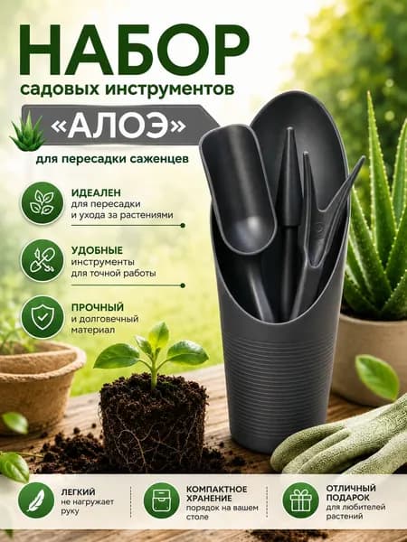 Набор садовых инструментов Алоэ 4 предмета для пересадки суккулентов комнатных растений черный ДоброСад