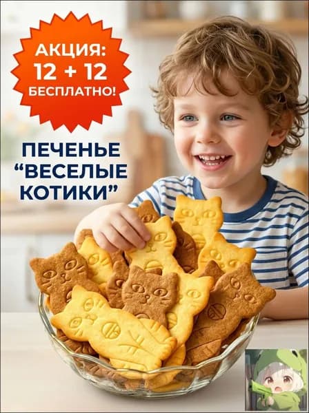 Печенье Веселые котики сырно-сливочное, акция 12+12 бесплатно, печенье в форме котят, перекус к чаю