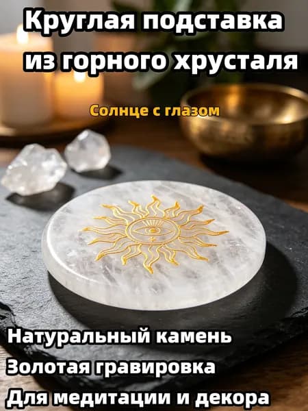 Натуральный горный хрусталь диаметром 55 мм, 1 шт., круглая подставка с узором Солнце с глазом , для медитации и декора