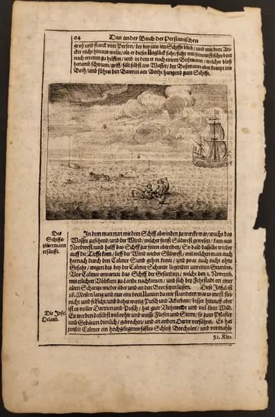 Антикварная гравюра спасение после кораблекрушения 1663 год.