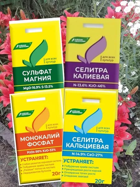 Удобрение 4шт. по 20 гр.( монофосфат калия, кальциевая селитра, калиевая селитра, сульфат магния)