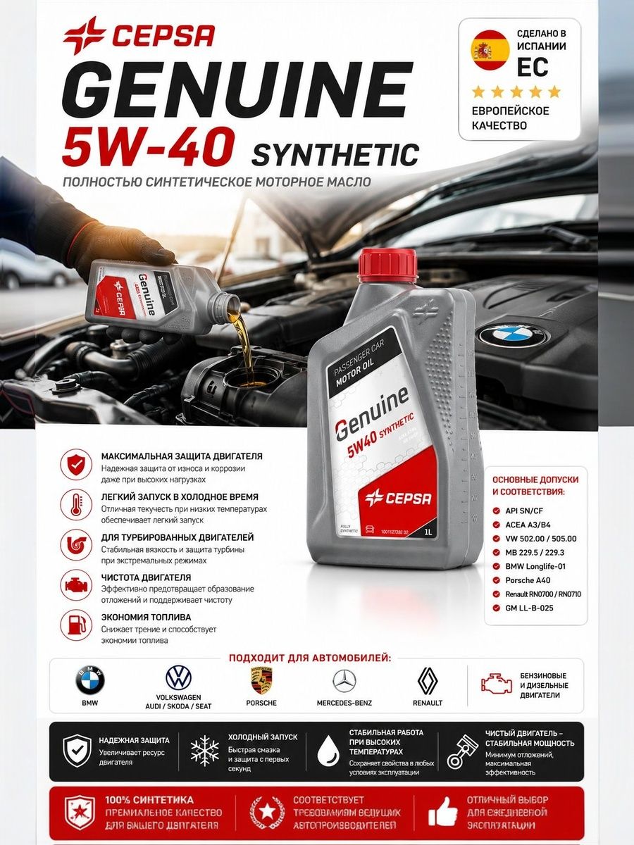 CEPSA GENUINE 5W40 SYNTHETIC 5W-40 Масло моторное, Синтетическое, 1 л