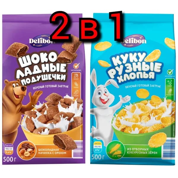 Кукурузные хлопья и подушечки с шоколадно-ореховой начинкой "Delibon", 500+500гр./2 пачки