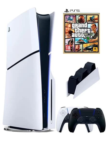 PS5 (ПС5) Игровая приставка Sony PlayStation 5 Slim +2-й геймпад(черный)+зарядное+игра GTA 5, 1000ГБ