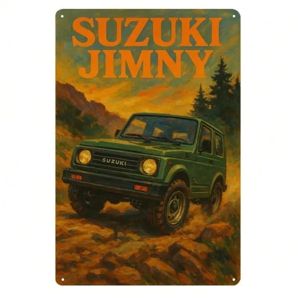 Металлический постер с зелёным Suzuki Jimny , каменистый ландшафт на закате и надпись "SUZUKI JIMNY" , для декора в стиле outdoor и приключений , 20x30cm