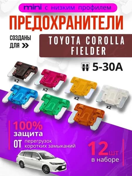 Предохранители для Тойота Королла Филдер (Toyota Corolla Fielder) / автомобильный набор Мини с низким профилем, 12 штук с пинцетом / флажковые 5-30 А