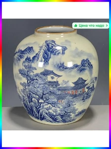 Антикварная керамическая ваза ручной работы "Jingdezhen Pink Crane", 30 см, голубая, с журавлями уникальный предмет интерьера