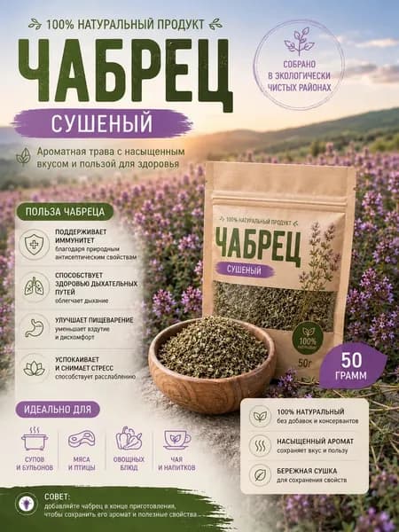 Чабрец сушеный натуральный 100% Тимьян сушеный для чая, специй и кулинарии 50 г