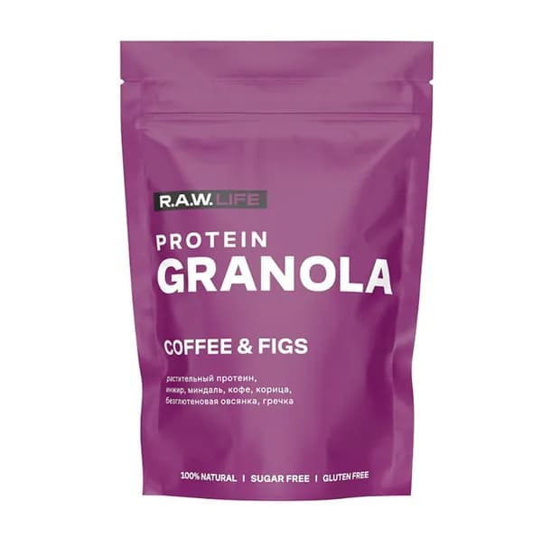 Гранола безглютеновая Protein granola berries Кофе инжир без сахара, R.A.W.Life, 220 г, Россия