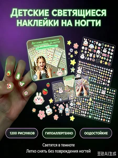 Детские светящиеся наклейки на ногти самоклеящиеся гипоаллергенные, водостойкие нейл-наклейки с 1200 рисунков, подарок для маленьких девочек
