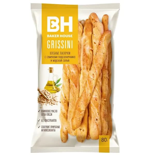 Baker House Хлебные палочки Grissini, с семенами подсолнечника и морской солью, 80 г, 9 уп.