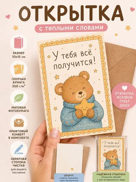 Открытка мотивирующая/мотивационная карточка с тёплыми пожеланиями 10*15 см с крафтовым конвертом