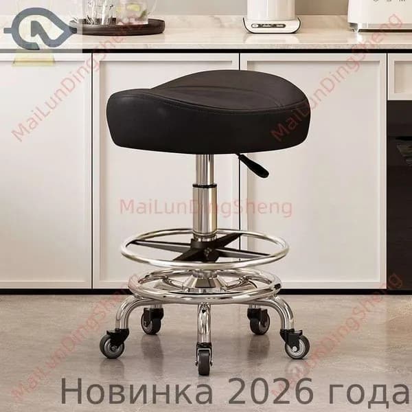 Ортопедический стул, Искусственная кожа, Модель с подножкой, без спинки, чёрный цвет, с колёсами на подшипниках «Цзиньцзуань»
