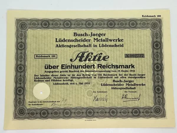 Акция Германия. Компания Busch-Jaeger, 100 РМ 1933 №57