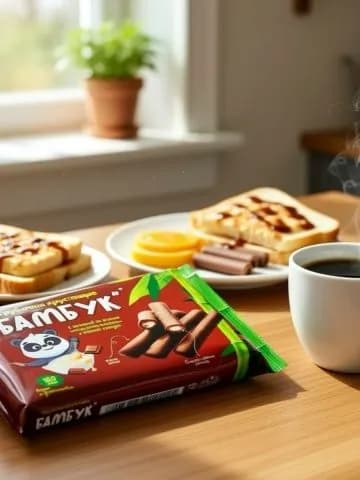 Трубочки хрустящие "Бамбук" с начинкой со вкусом сгущённого молока в тёмной глазури. Вес 160 грамм