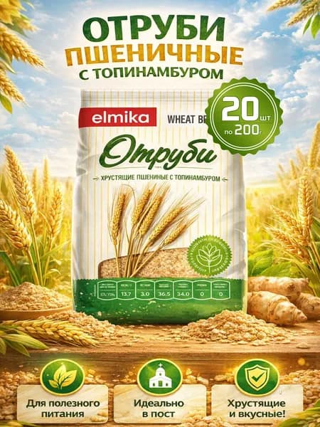 Отруби пшеничные хрустящие для похудения без сахара 20шт по 200г "Elmika"
