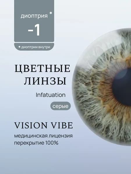Серые линзы цветные с диоптриями -1, Infatuation R-8.6 D-14.2