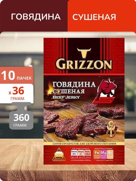 Упаковка 10 пачек Говядина сушеная GRIZZON 36г