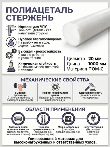 Полиацеталь стержень диаметр 20мм длина 1000мм