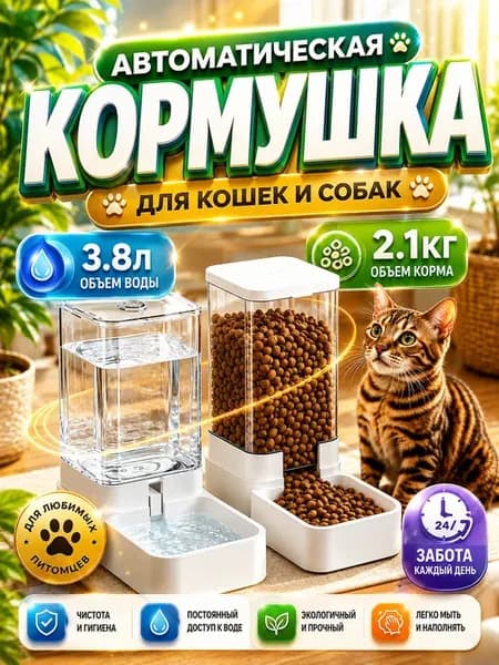 Автоматическая кормушка для кошек с поилкой и дозатором