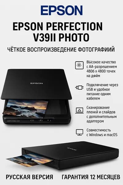Epson Сканер V39II Photo (Русская версия) + Гарантия 12 месяцев Perfection, черный, темно-серый