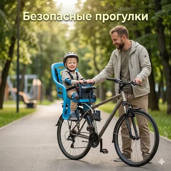Детское велокресло на задний багажник с пятиточечным ремнем безопасности, поручнем и защитой ног.