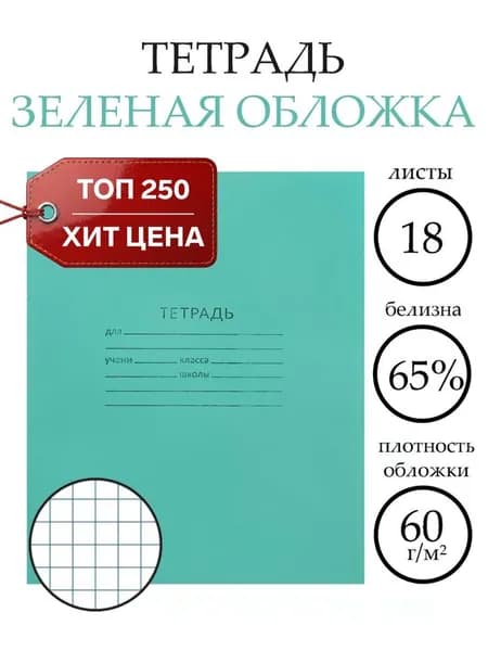 Тетрадь 18 листов в клетку Зелёная обложка , эконом, плотность 60 г/м