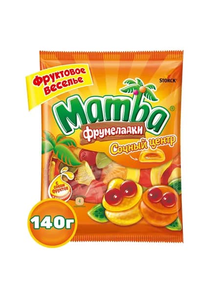 Mamba Фрумеладки Сочный центр, мармелад жевательный с начинкой из натурального фруктового сока, с витаминами, ассорти фруктовых и ягодных вкусов, 140г / Мамба