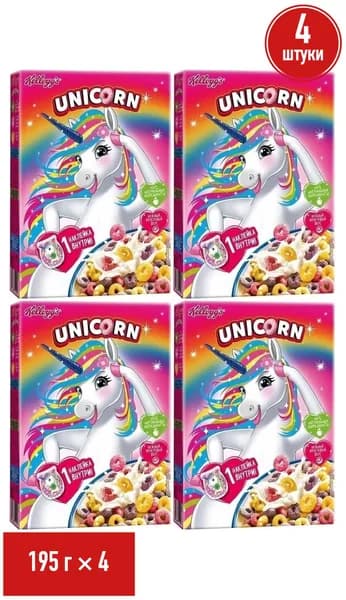 Колечки Kellogg's Unicorn Радужные с фруктовым вкусом 195 г, набор: 4 штуки